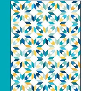 May include: A quilt pattern titled "same sky" by Morgan McCollough. The design features a repeating geometric pattern in shades of blue, teal, and yellow on a white background. The pattern is described as baby, square throw, rectangular throw, and bed size.