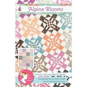 May include: A quilt pattern titled "Alpine Blooms" with a colorful geometric design. The pattern features various shapes in shades of pink, orange, teal, and brown. The design is suitable for crib, lap, twin, and queen sizes.