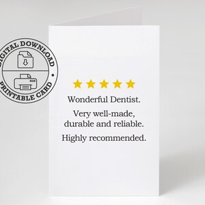 Carte imprimable d'appréciation de dentiste drôle 5 étoiles examen téléchargement immédiat pour remerciement de reconnaissance d'adieu dentiste ou cadeau note de soins dentaires