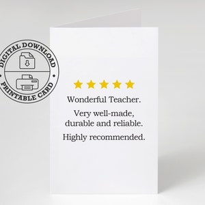 Carte amusante pour enseignant à téléchargement immédiat Évaluation 5 étoiles Cadeau de remerciement pour les éducateurs Carte d'adieu et de reconnaissance imprimable pour le bureau