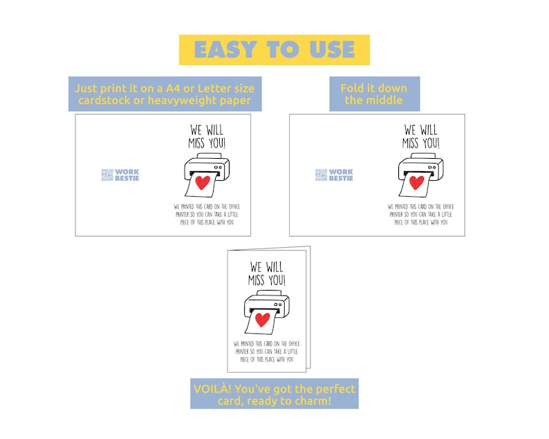 K&ouml;nnte beinhalten: Eine wei&szlig;e Karte mit dem Text "WE WILL MISS YOU!" und einer Drucker-Grafik mit einem roten Herz. Die Karte enth&auml;lt auch Anweisungen: "Just print it on a A4 or Letter size cardstock or heavyweight paper" und "Fold it down the middle."