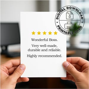 Wonderful Boss Review Card: 5-Star Digital Farewell, Reliable Leader Tribute, A4 & Letter PDF or JPEG,  DIY card - work friend, office buddy