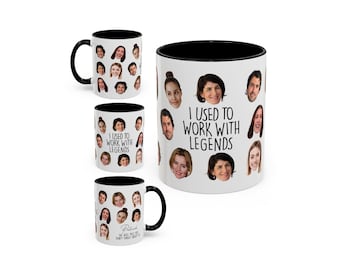 May include: White ceramic mugs with black interiors and handles. The mugs are decorated with various faces and the text "I USED TO WORK WITH LEGENDS". One mug has the text "Patrick, We will miss you, Don't forget about us."