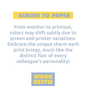 K&ouml;nnte beinhalten: Eine wei&szlig;e Grafik mit dem Text "SCREEN TO PAPER" in einem gelben Rechteck. Der Text darunter behandelt Farbverschiebungen zwischen Bildschirm und Druck und endet mit "WORK BESTIE" in einem gelben Rechteck.