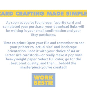 K&ouml;nnte beinhalten: Wei&szlig;er Hintergrund mit blauem und gelbem Text. Der Text lautet "CARD CRAFTING MADE SIMPLE!" und enth&auml;lt Druckanweisungen. Der untere Teil des Bildes enth&auml;lt den gelben Text "WORK BESTIE".
