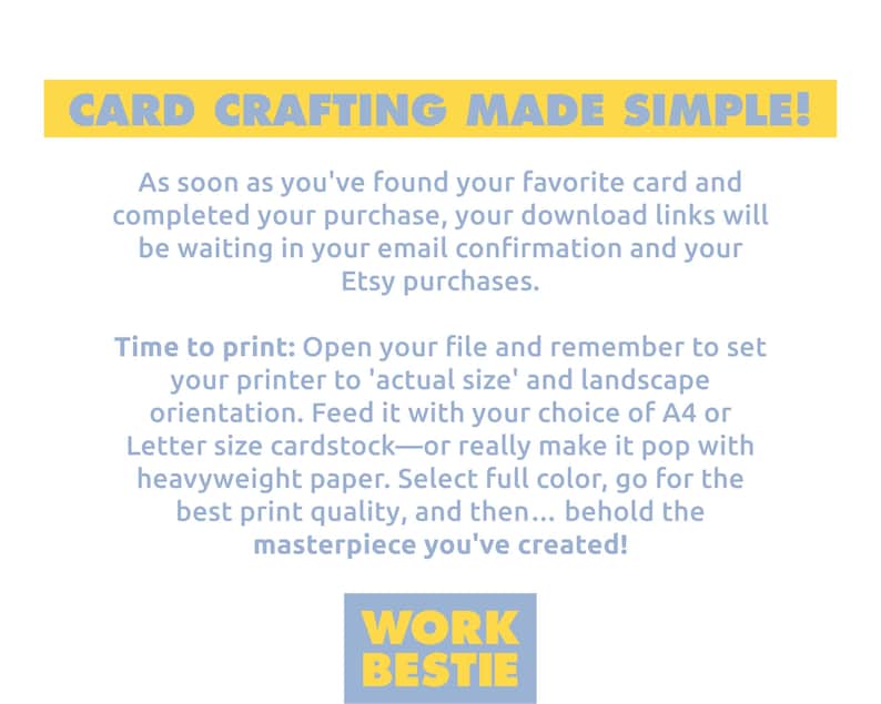K&ouml;nnte beinhalten: Wei&szlig;er Hintergrund mit blauem und gelbem Text. Der Text lautet "CARD CRAFTING MADE SIMPLE!" und enth&auml;lt Druckanweisungen. Der untere Teil des Bildes enth&auml;lt den gelben Text "WORK BESTIE".