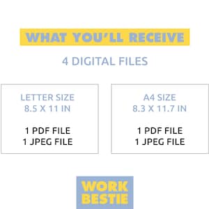 K&ouml;nnte beinhalten: Ein Bild mit dem Text &bdquo;WAS SIE ERHALTEN&ldquo; und &bdquo;4 DIGITALE DATEIEN&ldquo;. Es listet &bdquo;LETTER SIZE 8,5 x 11 Zoll&ldquo; und &bdquo;A4 GR&Ouml;SSE 21,0 x 29,7 cm&ldquo; mit je 1 PDF- und 1 JPEG-Datei auf. Der untere Teil des Bildes zeigt &bdquo;WORK BESTIE&ldquo;.