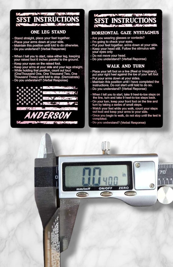 SFST Field Sobriety Test Card - HGN, Walk and Turn, One Leg Stand