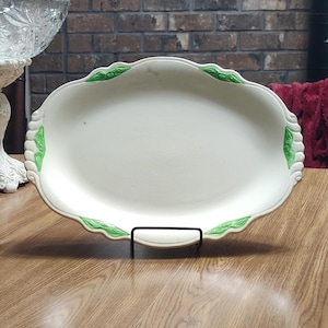 Vintage Homer Laughlin Ivory and Green Hand Painted Oval Serving Platter/Dish - Made in the U.S.A.