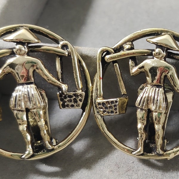 Signed SELINI Gold-Tone Man Carrying Baskets Clip On Earrings - Large Size