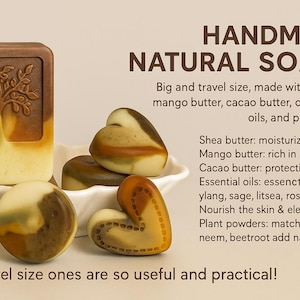 Handmade Natural Soap Bar, Travel Size | Vegan Skincare with Shea, Mango,Cacao Butter | Essential Oils & Plant Powders | Gift for Her-Him