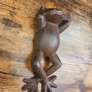May include: A brown cast iron frog figurine in a relaxed pose, with its arms behind its head and legs crossed. The frog has a textured surface and is resting on a wooden surface.