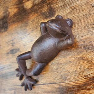 May include: A dark brown cast iron frog figurine depicted in a reclining position with its hands behind its head. The frog has a textured, metallic surface and is shown from an elevated angle, displaying its limbs and rounded body shape.
