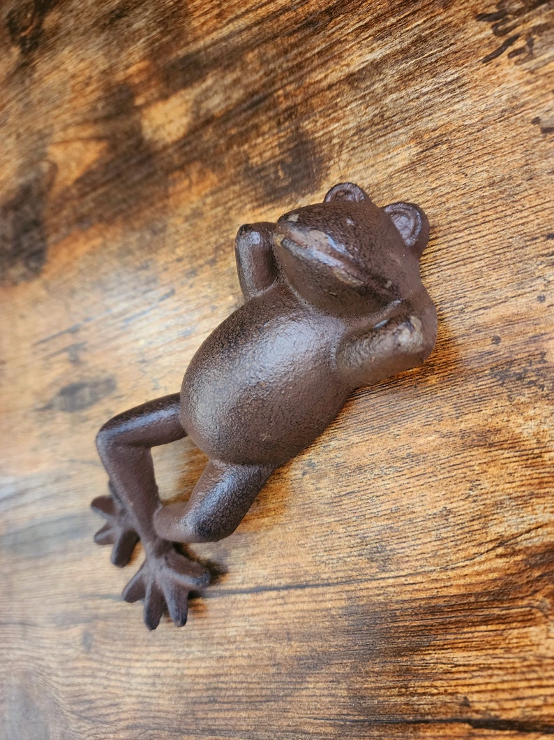 May include: A dark brown cast iron frog figurine depicted in a reclining position with its hands behind its head. The frog has a textured, metallic surface and is shown from an elevated angle, displaying its limbs and rounded body shape.