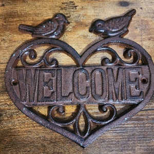 Vintage Welcome Birds Heart Cast Iron Wall Decor Garden Indoors
