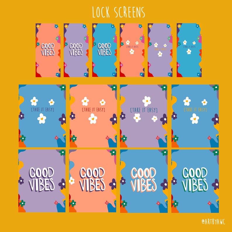 May include: Nine colorful phone lock screen designs with a groovy 70s aesthetic. The designs feature the text "Good Vibes" and "Take it Easy" with floral accents.