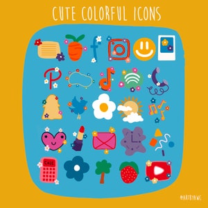 May include: A blue square with a white border contains 25 colorful icons. The icons are various shapes and sizes and include a calculator, a flower, a tree, a strawberry, a play button, a heart, a bird, a sun, a cloud, a music note, a phone, a letter, a lipstick, a camera, a smiley face, a carrot, a letter, a pin, a light bulb, and a few other icons. The text "CUTE COLORFUL ICONS" is at the top of the square. The text "@ARTBYAWC" is at the bottom of the square.