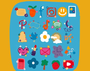 May include: A blue square with a white border contains 25 colorful icons. The icons are various shapes and sizes and include a calculator, a flower, a tree, a strawberry, a play button, a heart, a bird, a sun, a cloud, a music note, a phone, a letter, a lipstick, a camera, a smiley face, a carrot, a letter, a pin, a light bulb, and a few other icons. The text "CUTE COLORFUL ICONS" is at the top of the square. The text "@ARTBYAWC" is at the bottom of the square.