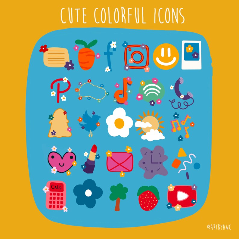 May include: A blue square with a white border contains 25 colorful icons. The icons are various shapes and sizes and include a calculator, a flower, a tree, a strawberry, a play button, a heart, a bird, a sun, a cloud, a music note, a phone, a letter, a lipstick, a camera, a smiley face, a carrot, a letter, a pin, a light bulb, and a few other icons. The text "CUTE COLORFUL ICONS" is at the top of the square. The text "@ARTBYAWC" is at the bottom of the square.
