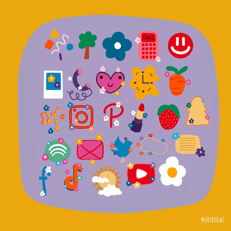 May include: A purple background with a grid of colorful icons, including a calculator, a flower, a phone, a heart, a clock, a strawberry, a bird, a sun, and a play button. The icons are surrounded by small white flowers.