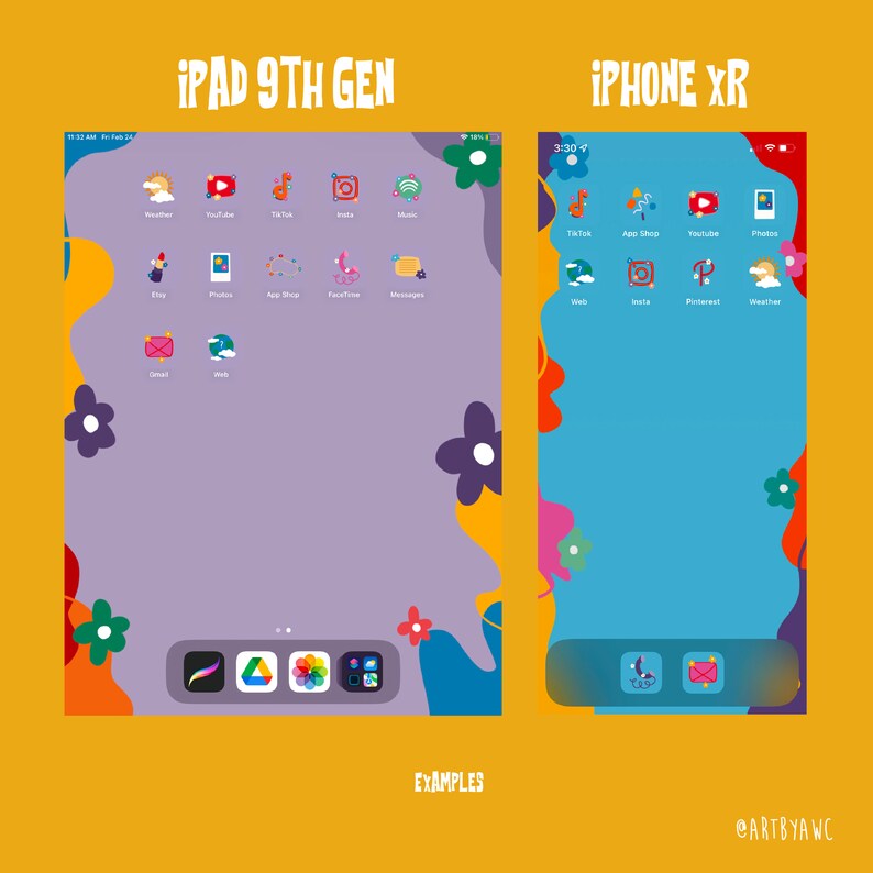 May include: Two phone home screens with a colorful abstract background. The iPad 9th Gen screen has a purple background with a few apps visible. The iPhone XR screen has a blue background with a few apps visible. Both screens have a yellow border.