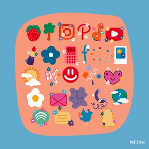 May include: A pink background with a grid of colorful icons, including a strawberry, a tree, a camera, a music note, a play button, a lipstick, a flower, a calculator, a letter f, a cloud with lights, a heart, a sun, a music note, a smiley face, a phone, a globe, an egg, an envelope, a clock, a bird, and a ghost. The icons are surrounded by small white flowers.