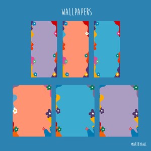 May include: Six colorful digital phone wallpapers with abstract floral designs. The wallpapers feature a variety of colors, including pink, blue, orange, yellow, and green. The text "WALLPAPERS" is at the top of the image.
