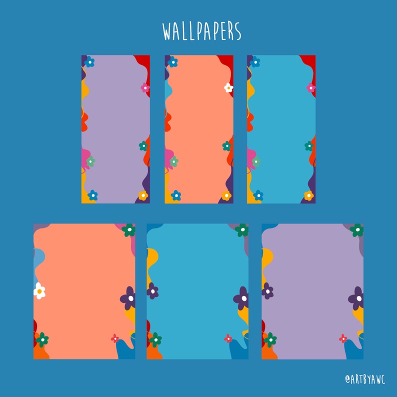 May include: Six colorful digital phone wallpapers with abstract floral designs. The wallpapers feature a variety of colors, including pink, blue, orange, yellow, and green. The text "WALLPAPERS" is at the top of the image.