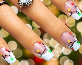 White French Tip Christmas Lights Nail Art Design/ Luxury Gel Press On Nails