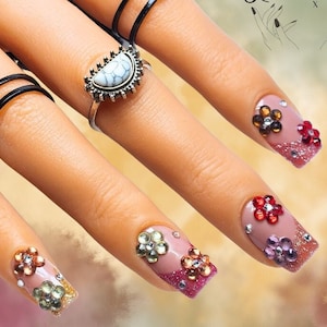 Glitter French Flower Nail Art Design/ Luxury Gel Press On Nails