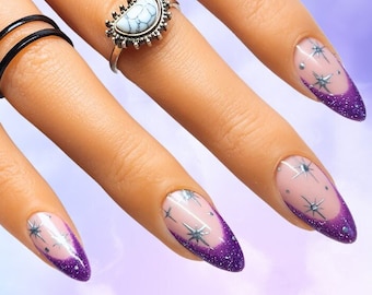 Diseño de uñas francesas con purpurina morada/Uñas postizas de gel de lujo