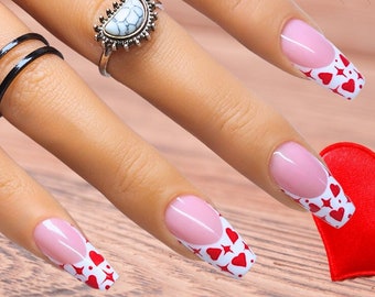 Valentines Day Hearts French Tip Nail Design/ Luxury Gel Press On Nails