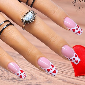 Valentines Day Hearts French Tip Nail Design/ Luxury Gel Press On Nails