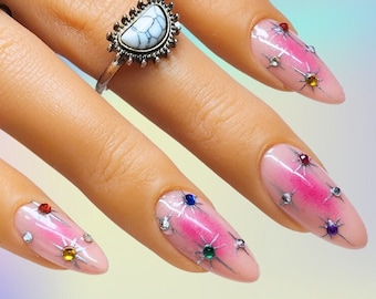 Pink Aura Rainbow Rhinestones Nail Art Design/ Luxury Gel Press On Nails