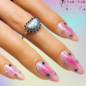 Pink Aura Rainbow Rhinestones Nail Art Design/ Luxury Gel Press On Nails
