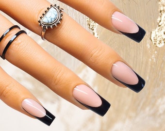 Black French Tip Nail Art Design/ Luxury Gel Press On Nails