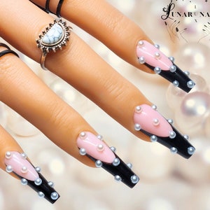 Black French Tip Pearl Nail Art Design/ Luxury Gel Press On Nails