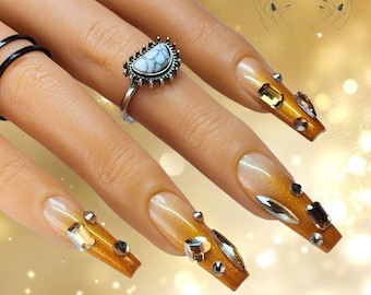 Gold Crystals Nail Art Design/ Luxury Gel Press On Nails
