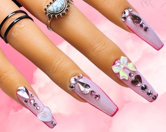 Pink Bling Valentines Day Nail Art Design/ Luxury Gel Press On Nails