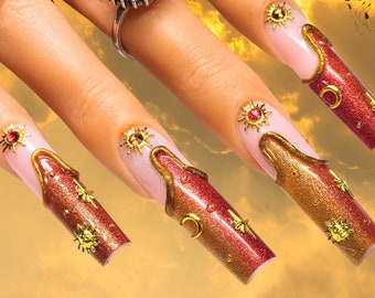 Sparkly Red Gold Glitter 3D Chrome Fall  Nail Art Design/ Luxury Gel Press On Nails