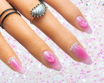 Pink Ombre Heart and Pearls Nail Art Design/ Luxury Gel Press On Nails