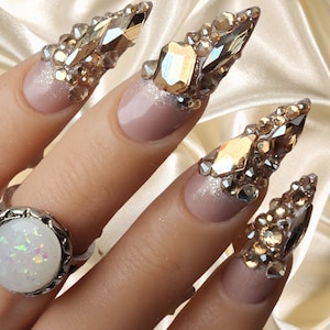 Gold Crystal Nail Art Design/ Luxury Gel Press On Nails