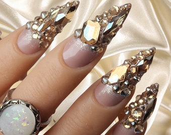 Gold Crystal Nail Art Design/ Luxury Gel Press On Nails