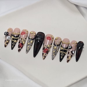 Luxury custom press on nails/trendy nails/cheetah print nails/lace print nails/kiss lips nails/french tip nails/dice Vegas nails/eightball