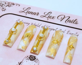 White and Gold Angelic Heavenly Chakra  Nail Art Design/ Luxury Gel Press On Nails