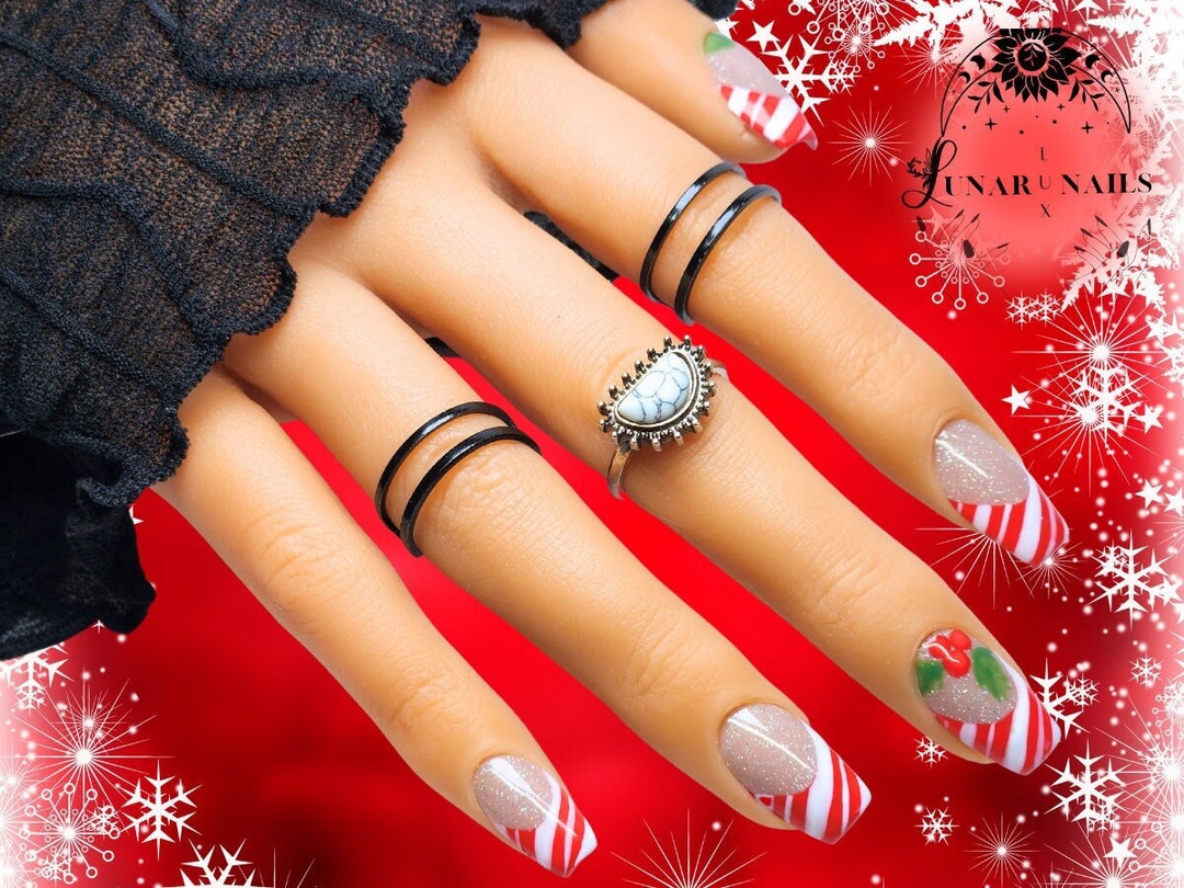 Christmas Candy Cane Nail Art Design/ Luxury Gel Press on - Etsy