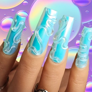 3D Handmade Blue Iridescent Chrome Nail Art Design/  Swirl Nail Art Design/ Luxury Gel Press On Nails