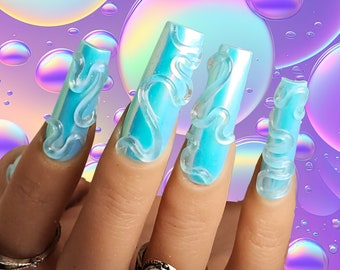 3D Handmade Blue Iridescent Chrome Nail Art Design/  Swirl Nail Art Design/ Luxury Gel Press On Nails