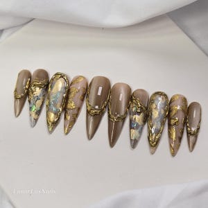 Luxury custom press on nails/nude gold chrome nails/gold cat eye velvet/gold marble glitter nails/gold flower elegant fancy nails
