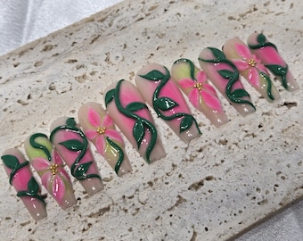Luxury custom press on nails: 3d gel flowers, garden design, pink green ombre